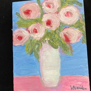 “Pink Blossoms In White Vase” An Original  Oil  Painting  On Cradled Wood